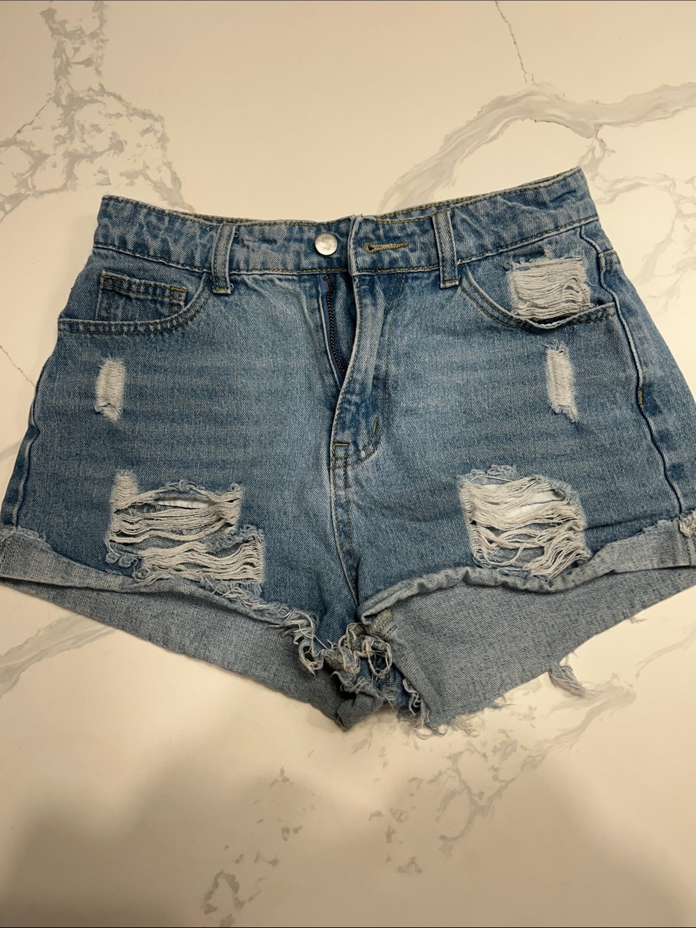 SHEIN Light Blue Distressed High-Waist Denim Shorts